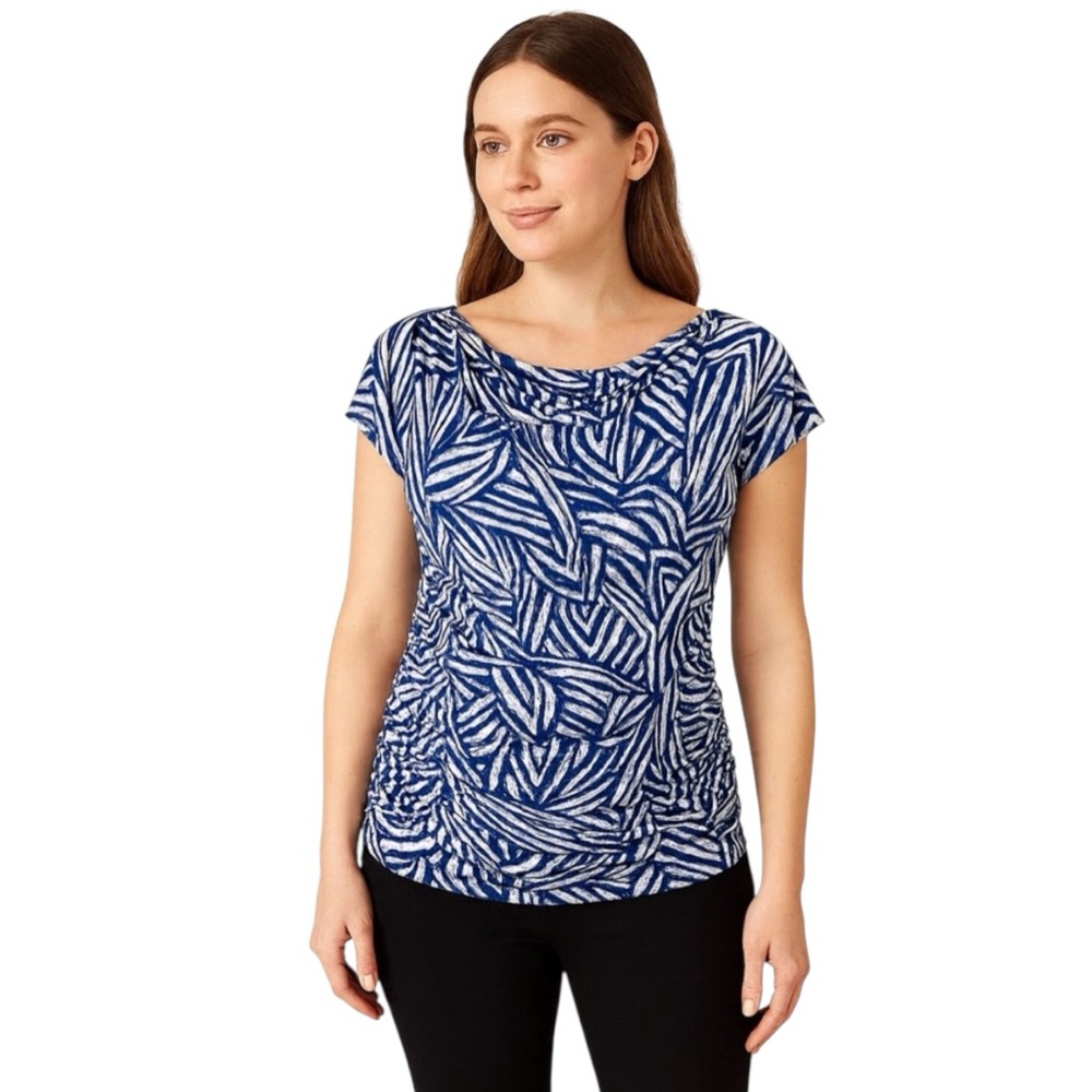 Cable & Gauge Blue White Abstract Print Draped Neck Top Medium Stretch Blouse